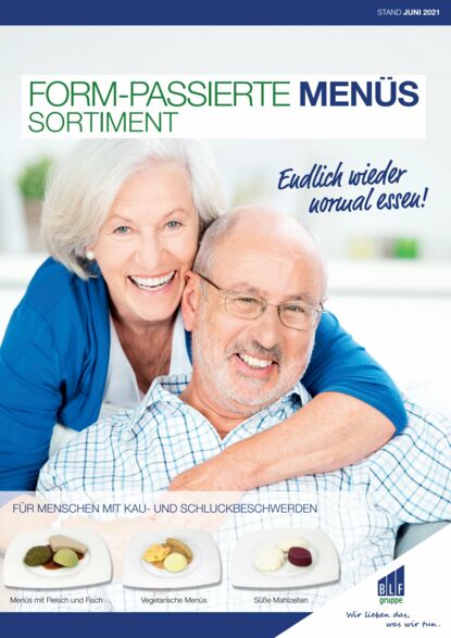 Form-passierte Menüs Älteres, glückliches Pärchen, die endlich wieder normal essen können.